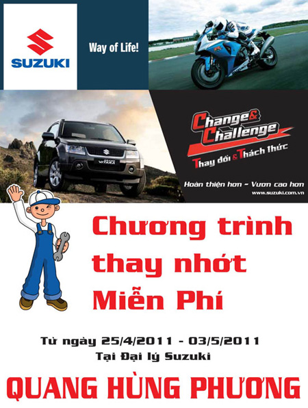 Kiểm tra và thay nhớt xe miễn phí cho xe Suzuki.