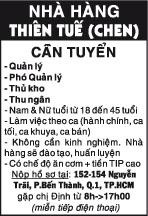 Nhà Hàng Thiên Tuế (Chen) Cần Tuyển