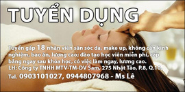 Tuyển gấp 18 nhân viên săn sóc da, make up, không cần kinh nghiệm