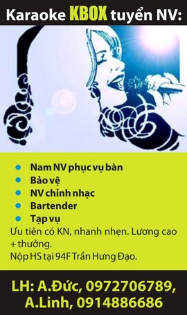 Nam NV phục vụ bàn, bảo vệ, NV chỉnh nhạc, bartender, tạp vụ, cho karaoke KBox,