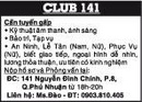 Tp. Hồ Chí Minh: CLUB 141 Cần tuyển gấp CL1005650P5