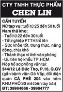 Tp. Hồ Chí Minh: CTy TNHH Thực Phẩm Chen Lin Cần Tuyển CL1005742P2