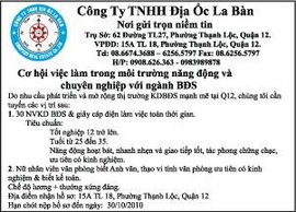 Công Ty TNHH Địa Ốc La Bàn chúng tôi cần tuyển các vị trí sau: