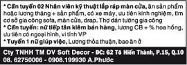 Cần tuyển 02 Nhân viên kỹ thuật lắp ráp màn cửa, ăn sản phẩm hoặc lương tháng +