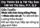 Tp. Hồ Chí Minh: Cty TNHH Sản Xuất và Thương Mại Tây Sơn Cần Tuyển: CL1008182P8