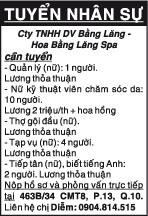 Cty TNHH DV Bằng Lăng - Hoa Bằng Lăng Spa cần tuyển