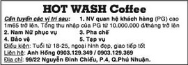 Hot Wash Coffee Cần tuyển các vị trí sau: