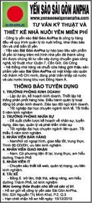 Tp. Hồ Chí Minh: Yến Sào Sài Gòn Anpha Cần Tuyển CL1016089P21