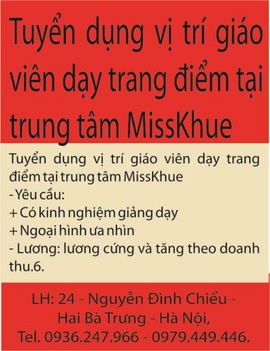 Trung tâm áo cưới MissKhue cần tuyển gấp giáo viên dạy trang điểm