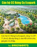 Hưng Yên: Căn hộ CC Rừng Cọ Ecopark, tầng 12, DT 71,8 m2, đã xây tầng 3, vào HĐ chính chủ, CL1016181