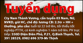 Cty Nam Thành Vương, cần tuyển 03 Nam, Nữ, NVKD, giờ HC, chế độ: lương CB: 2.5tr