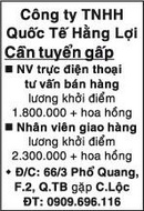 Tp. Hồ Chí Minh: Công ty TNHH Quốc Tế Hằng Lợi Cần tuyển gấp CL1017477