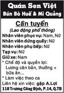 Tp. Hồ Chí Minh: Quán Sen Việt Bún Bò Huế & Mì Quảng Cần tuyển CL1017639