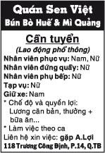 Quán Sen Việt Bún Bò Huế & Mì Quảng Cần tuyển