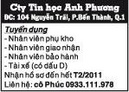 Tp. Hồ Chí Minh: Cty Tin học Anh Phương Tuyển dụng CL1017915