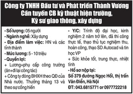 Công ty TNHH Đầu tư và Phát triển Thành Vương Cần tuyển CB kỹ thuật hiện trường