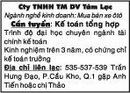 Tp. Hồ Chí Minh: Cty TNHH Thương Mại DV Tâm Lạc Cần tuyển: Kế toán tổng hợp CL1021259P8