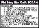 Tp. Hồ Chí Minh: Nhà hàng Hàn Quốc TODAM Cần tuyển gấp CL1019165