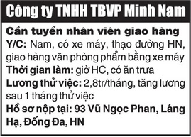 Công ty TNHH TBVP Minh Nam Cần tuyển nhân viên giao hàng