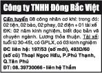 Công ty TNHH Đông Bắc Việt cần tuyển 08 công nhân cơ khí