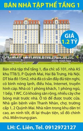 Bán nhà tập thể tầng 1, địa chỉ: số 101, nhà A5 khu TT8/3, P Quỳnh Mai