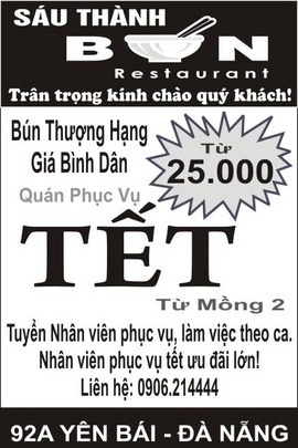 Nhà hàng Bún Sáu Thành - 92A Yên Bái - đặc sản Bún bò Huế Cần Tuyển