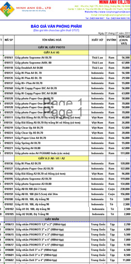 Báo giá các loại giá từ văn phòng phẩm Minh Anh