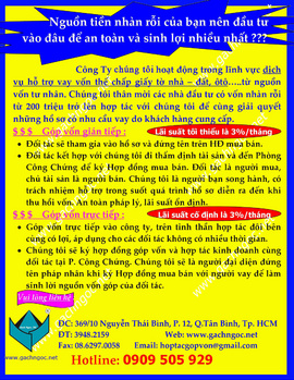 HỢP TÁC LÀM ĂN với cá nhân có vốn nhàn rỗi, góp vốn vào cty cầm nhà, đất