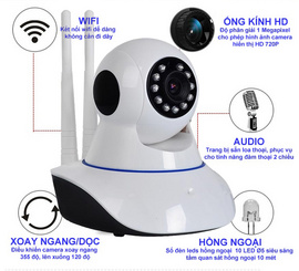 Camera ip full HD 720P, quay quét 360 độ, báo động chống trộm, đàm thoại 2 chiều.