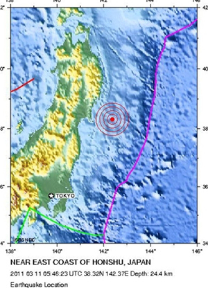 Ảnh của Cơ quan địa chất Mỹ. Tâm chấn động đất (vòng tròn đỏ) ở phía đông đảo Honshu của Nhật. Ảnh: AFP.