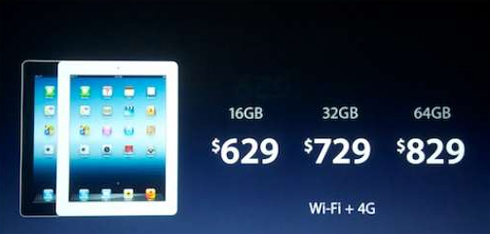 Bảng giá cho iPad mới với kết nối Wi-Fi và 4G.